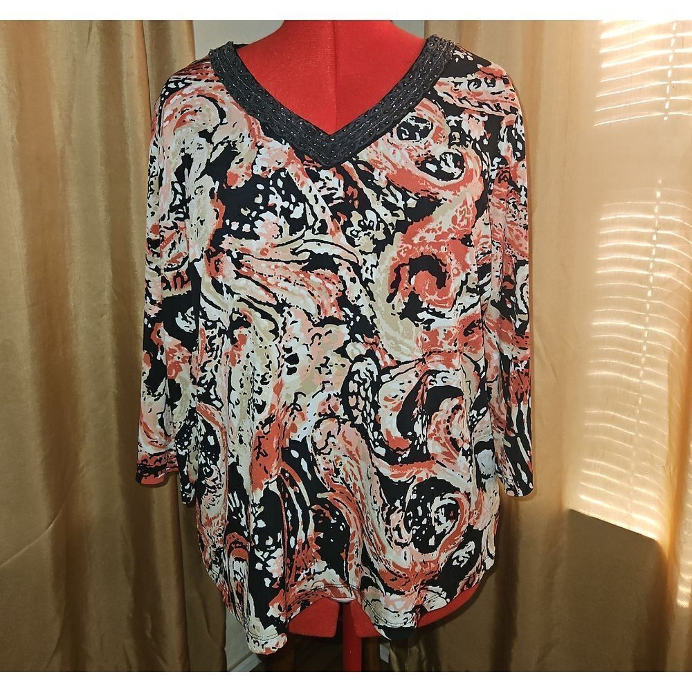 JM Collection Elegant Black and Orange Swirl Blouse